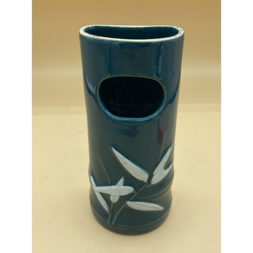 Vintage MCM Bamboo Wall Pocket Dark Teal Green White Leaves 6.5”